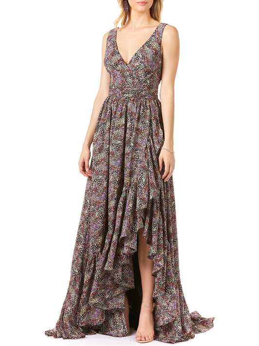V-Ausschnitt langes bedrucktes Kleid High-Low Wickel OUTLET