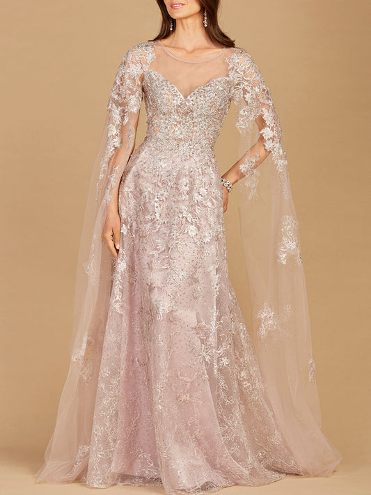 Lace Gown with Cape Sleeves, Sweetheart Neckline | 29300