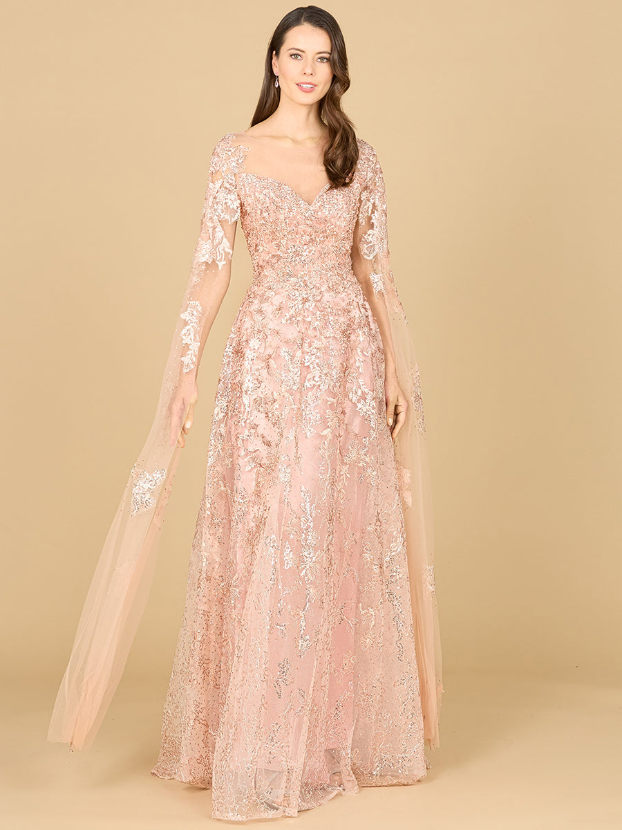 Lace Gown with Cape Sleeves, Sweetheart Neckline | 29300