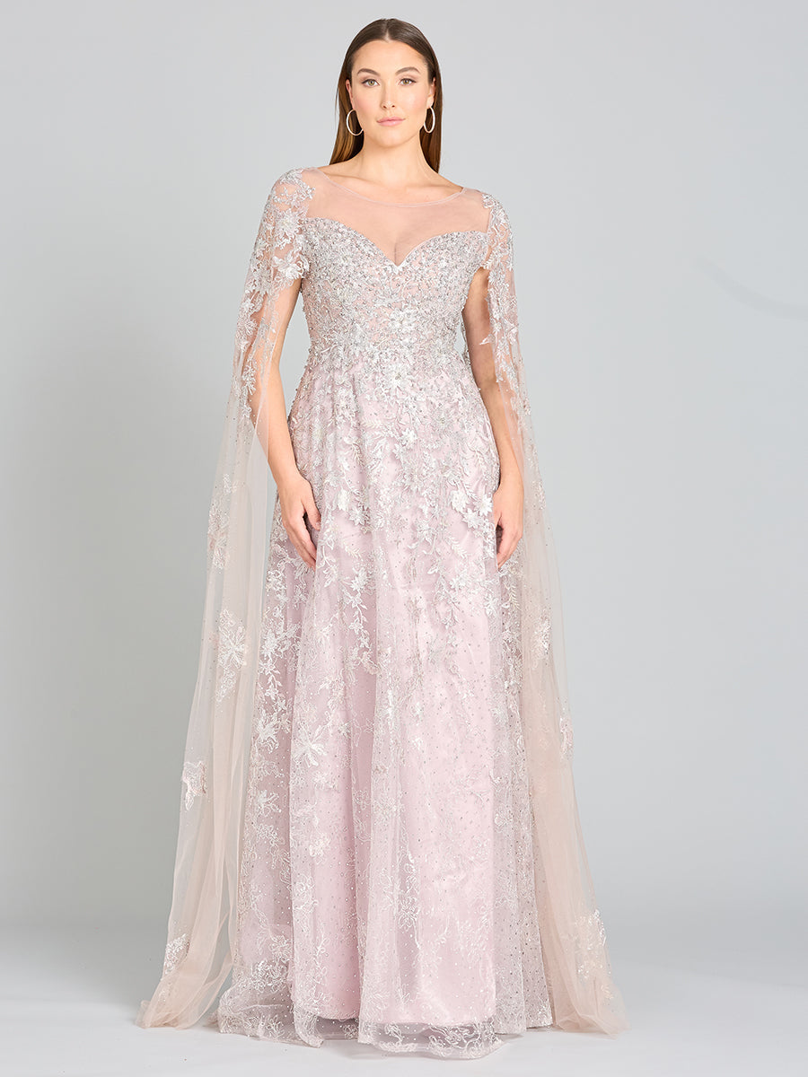 Lace Gown with Cape Sleeves, Sweetheart Neckline | 29300