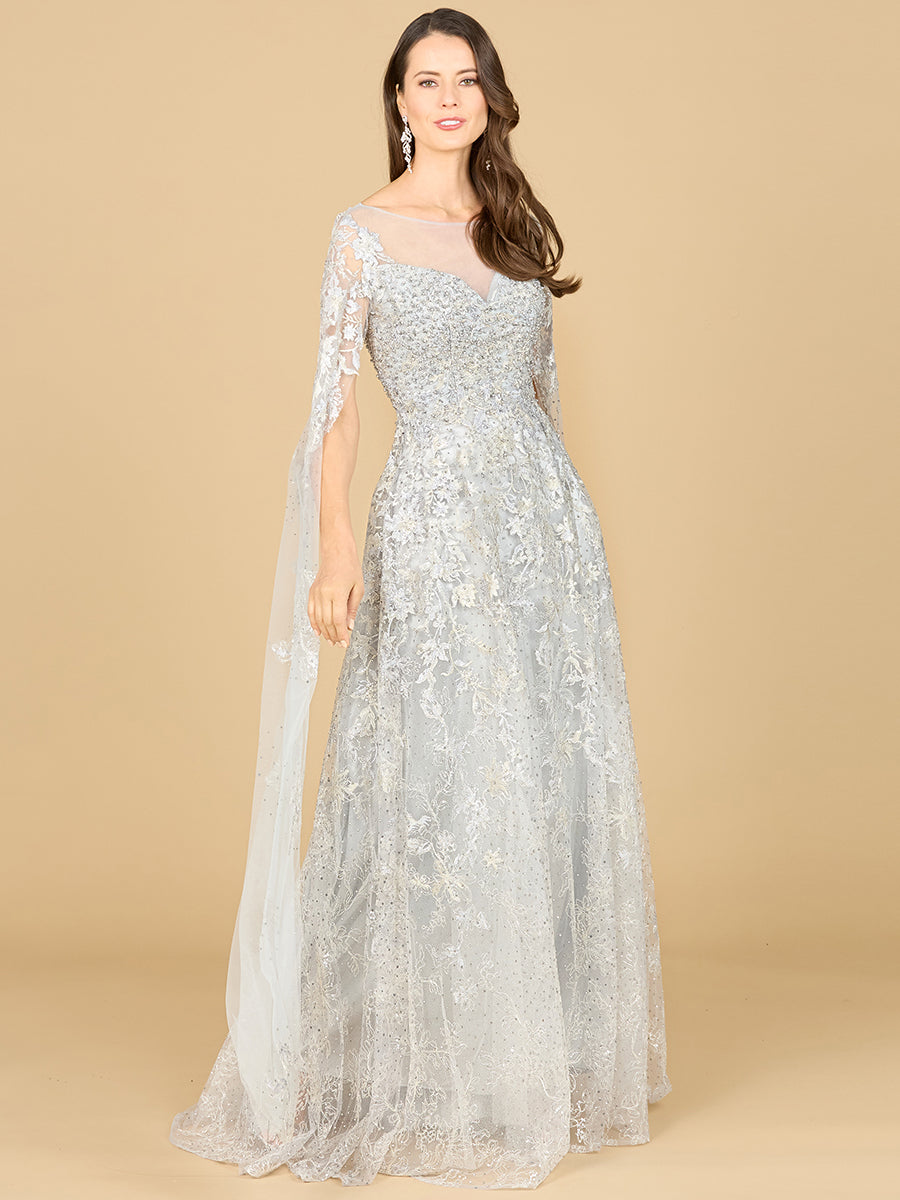 Lace Gown with Cape Sleeves, Sweetheart Neckline | 29300