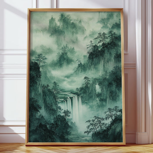 Paysage de cascade sereine – Peinture traditionnelle japonaise à l'encre (Sumi-e)