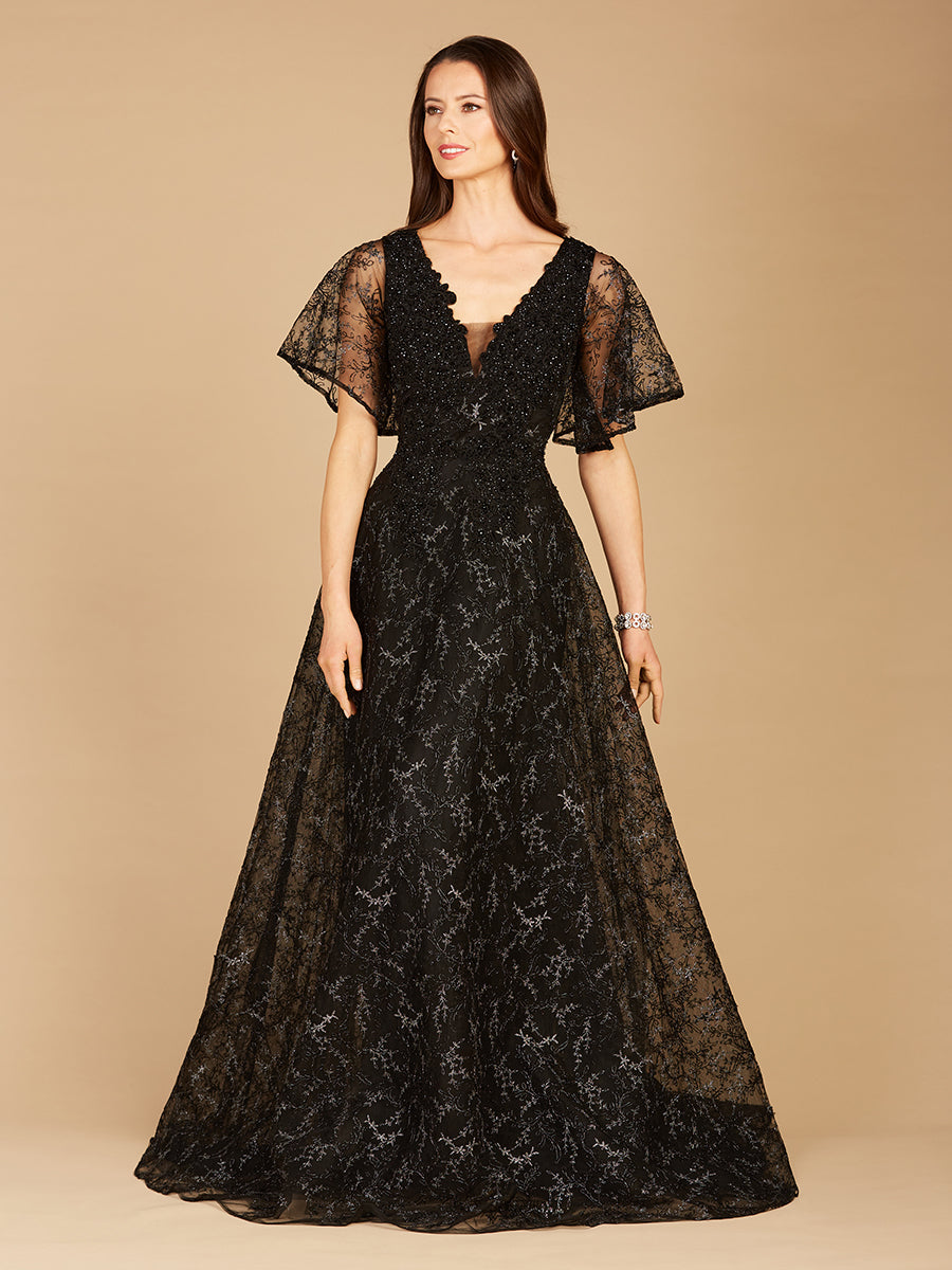 Robe longue perlée à manches cape noire - OUTLET