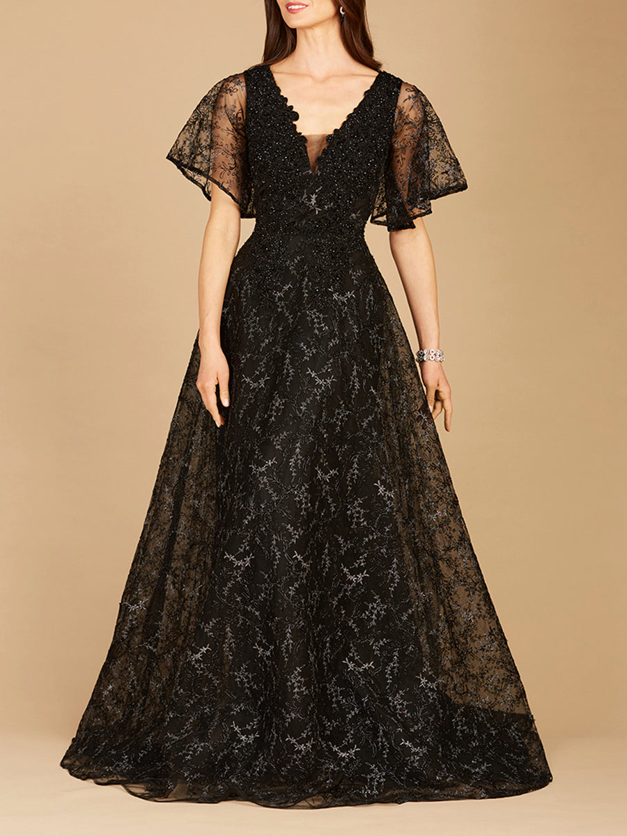 Robe longue perlée à manches cape noire - OUTLET