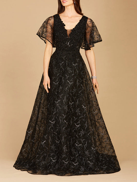 Robe longue perlée à manches cape noire - OUTLET