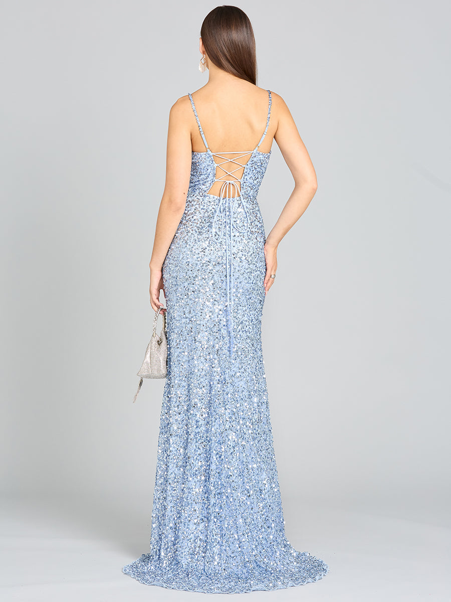 Robe à col en V ornée de perles avec fente | 29310