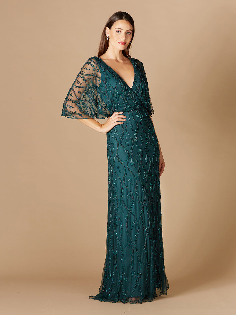 Abendkleid mit Perlenstickerei und Cape-Ärmeln aus Illusionstüll