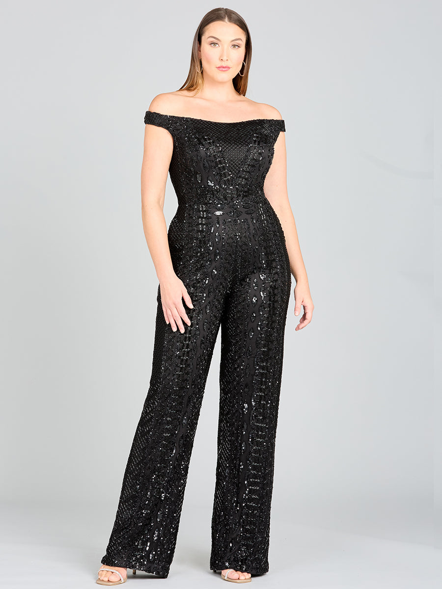 Perlenbesetzter schulterfreier Jumpsuit