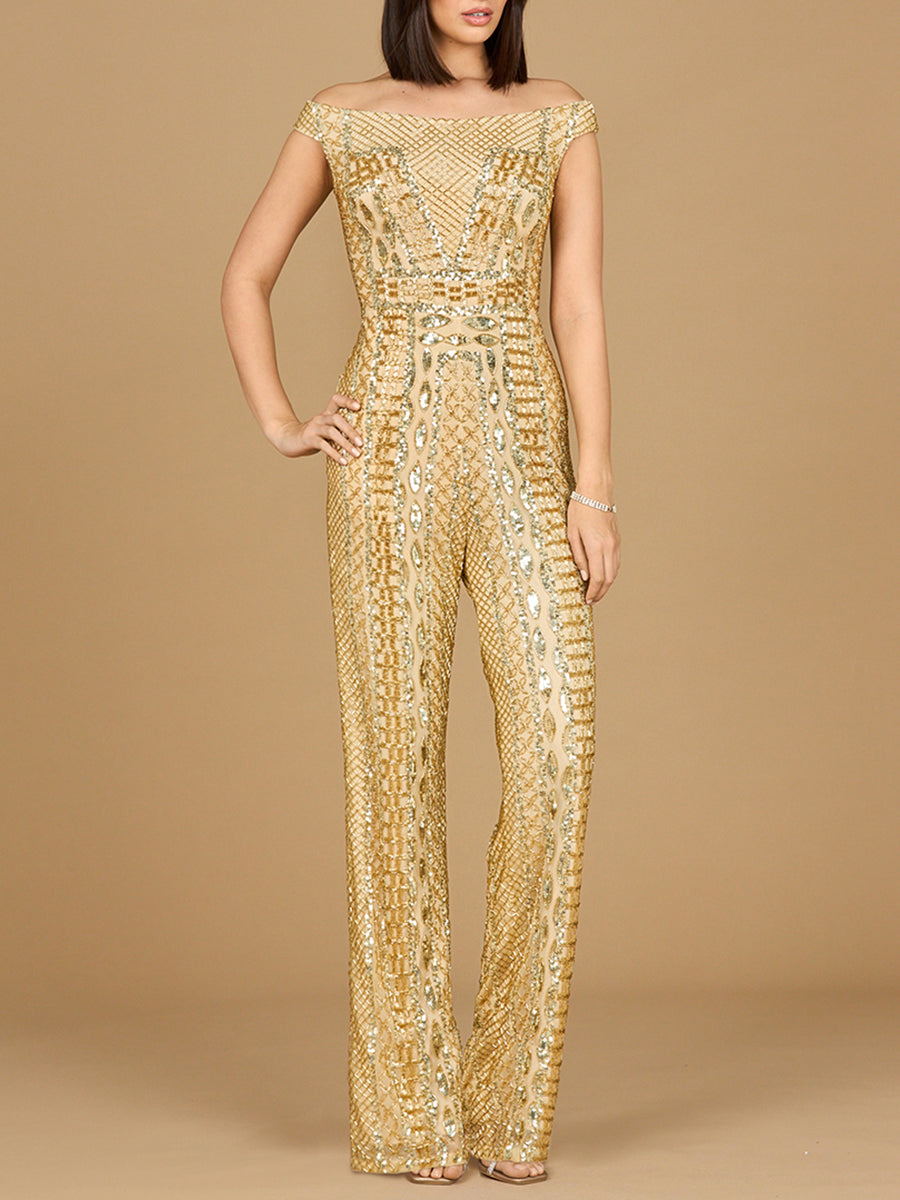 Perlenbesetzter schulterfreier Jumpsuit