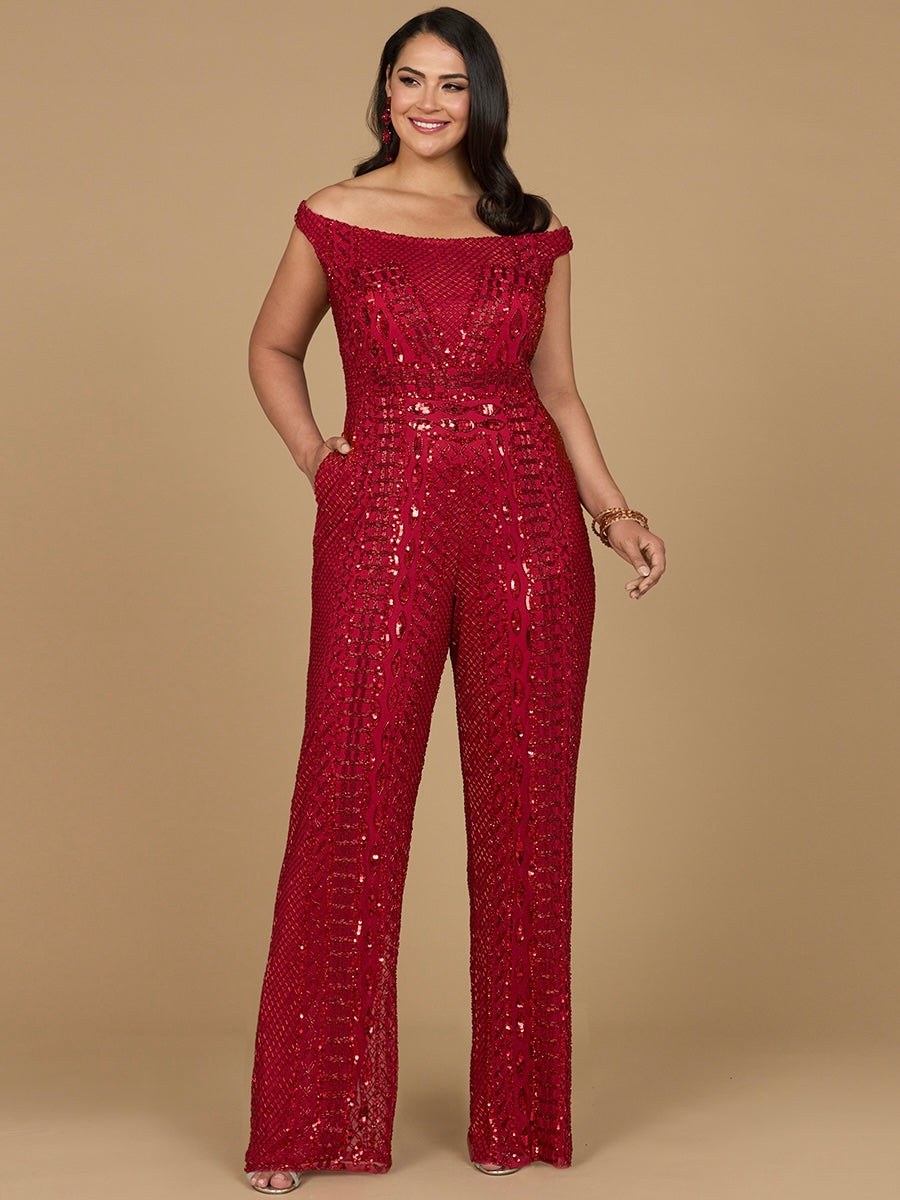 Perlenbesetzter schulterfreier Jumpsuit