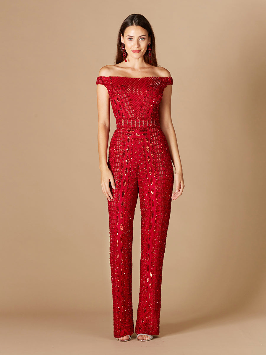 Perlenbesetzter schulterfreier Jumpsuit