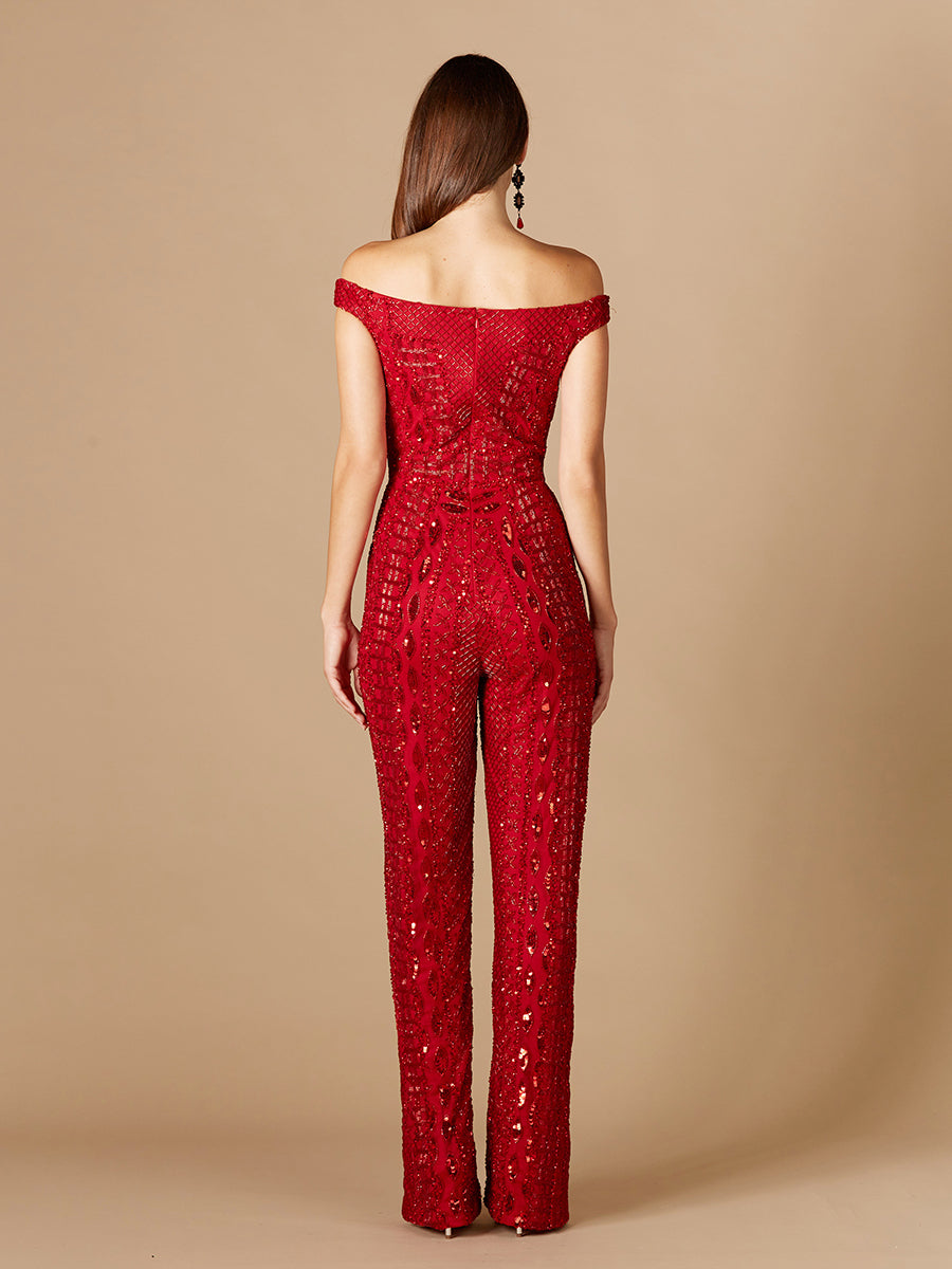 Perlenbesetzter schulterfreier Jumpsuit