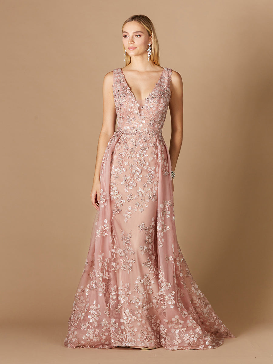 Robe à jupe superposée et appliques florales