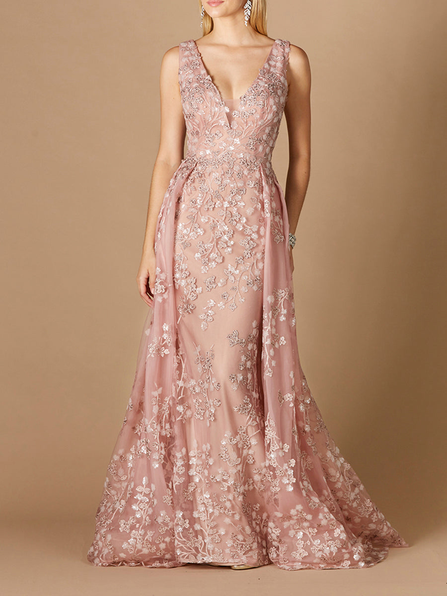 Robe à jupe superposée et appliques florales