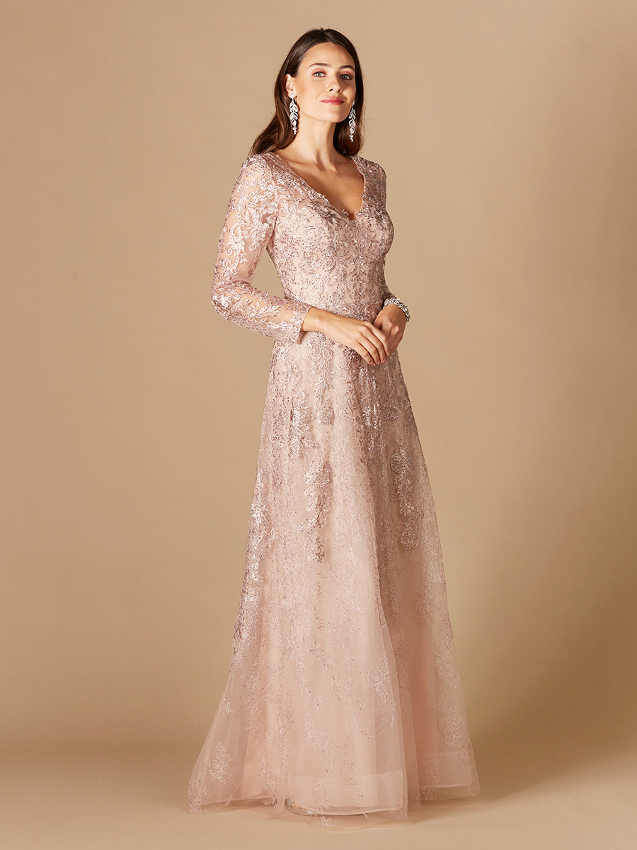 Langärmeliges V-Ausschnitt-Kleid aus Spitze