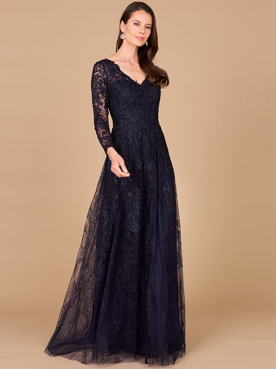 Langärmeliges V-Ausschnitt-Kleid aus Spitze