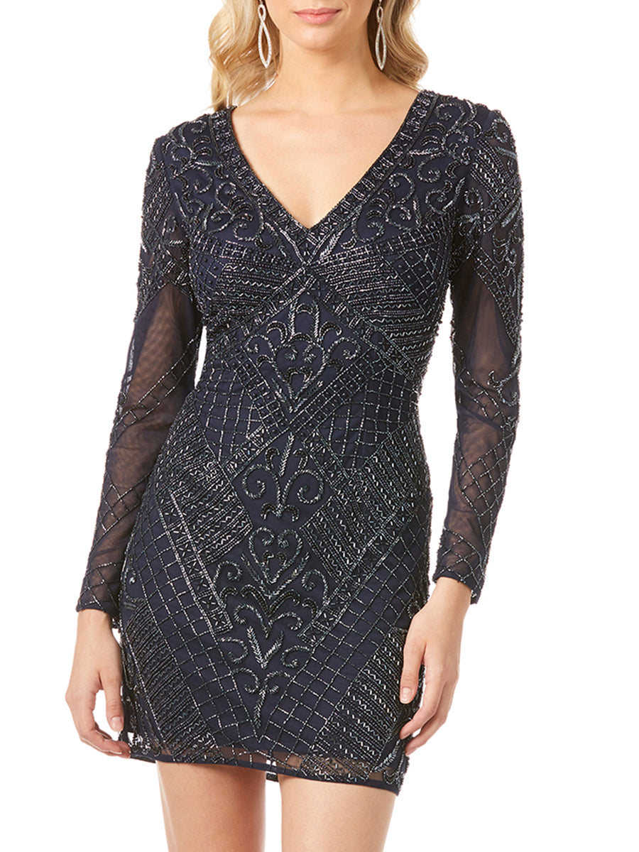 Langärmliges Cocktailkleid mit V-Ausschnitt und Perlenstickerei in Marineblau