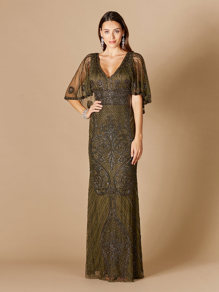 Kapärmeliges V-Ausschnitt-Kleid mit Perlenstickerei