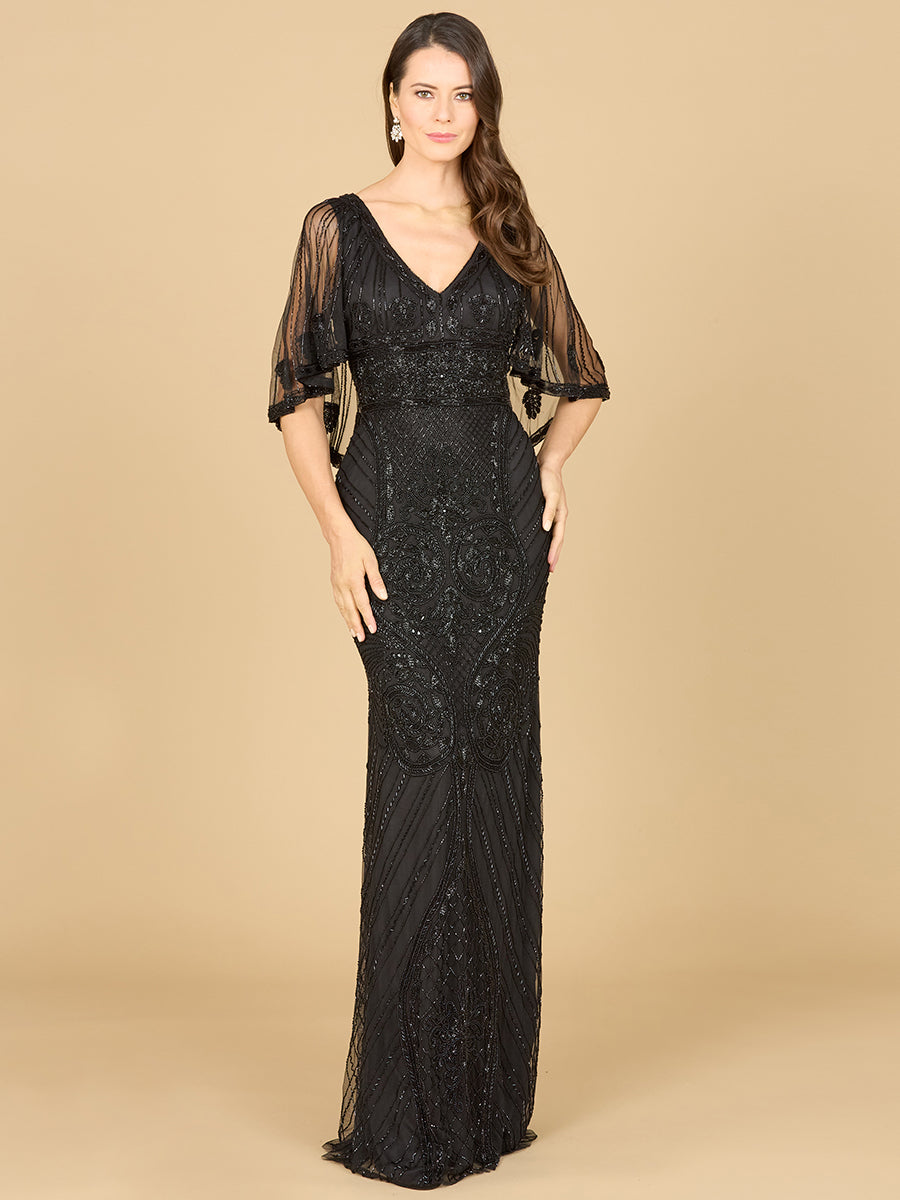 Kapärmeliges V-Ausschnitt-Kleid mit Perlenstickerei