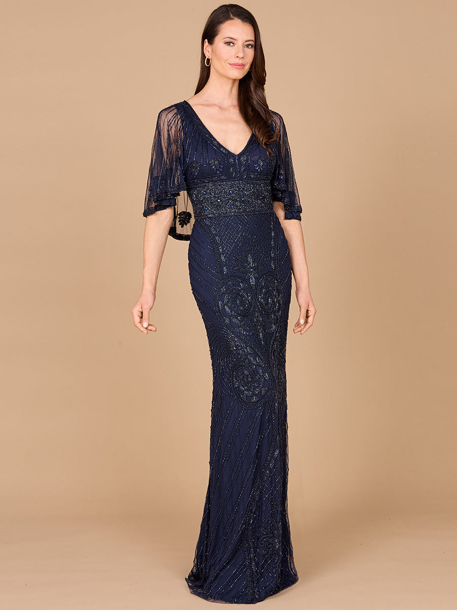 Kapärmeliges V-Ausschnitt-Kleid mit Perlenstickerei