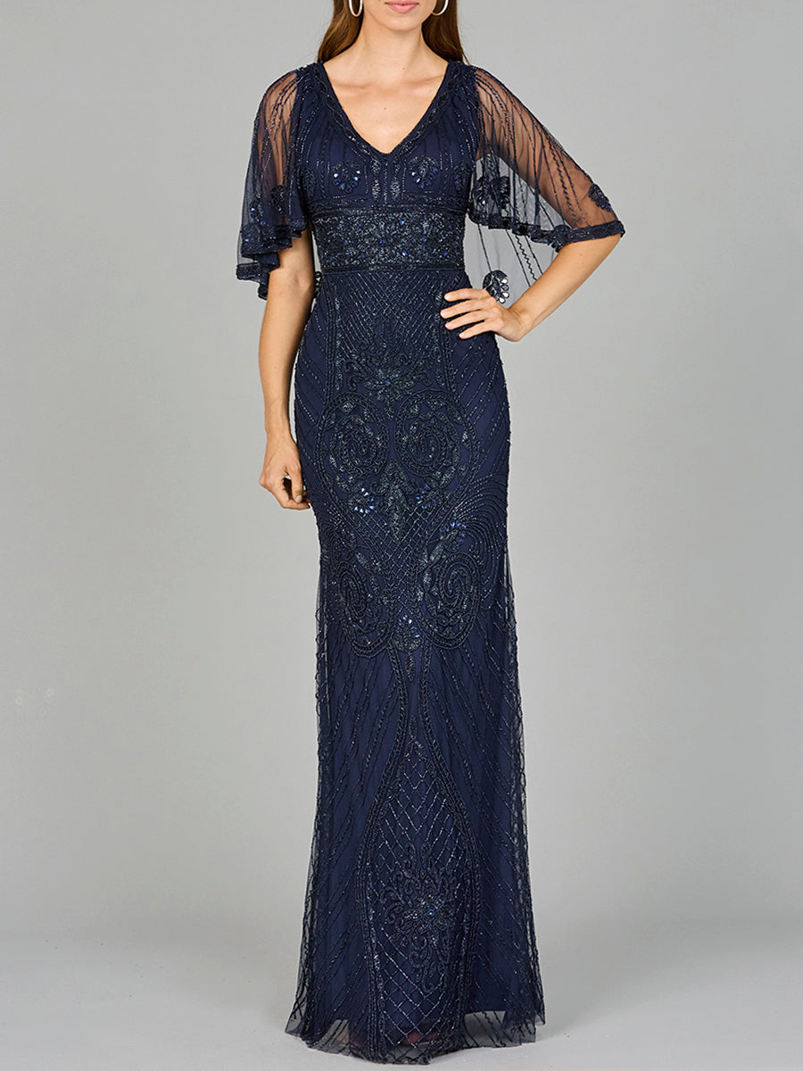 Kapärmeliges V-Ausschnitt-Kleid mit Perlenstickerei