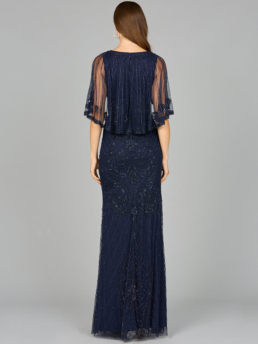 Kapärmeliges V-Ausschnitt-Kleid mit Perlenstickerei