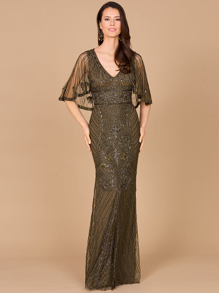 Kapärmeliges V-Ausschnitt-Kleid mit Perlenstickerei