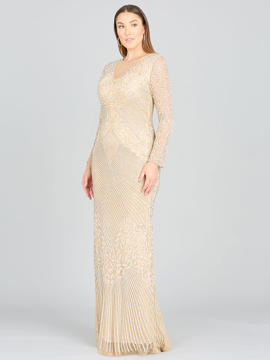 Enganliegendes, langärmeliges, perlenbesetztes Abendkleid