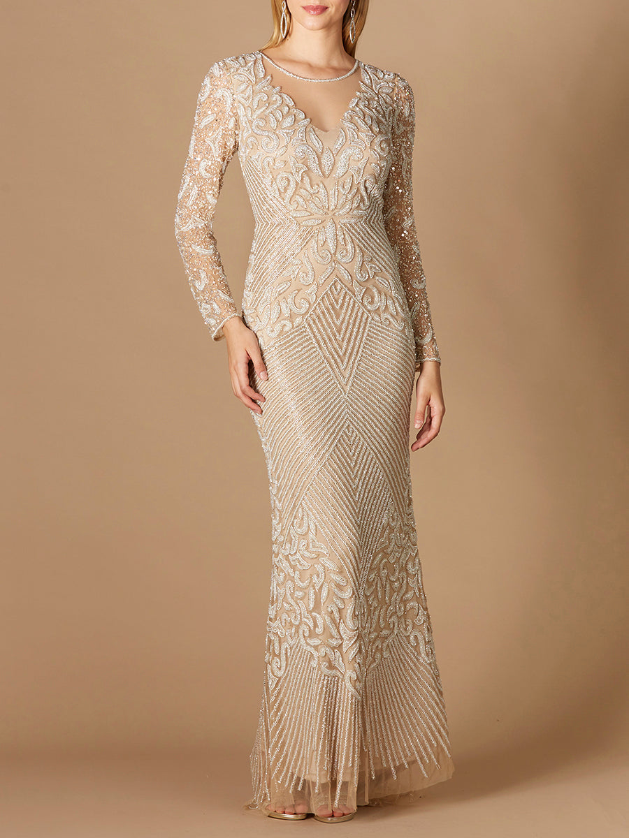 Enganliegendes, langärmeliges, perlenbesetztes Abendkleid