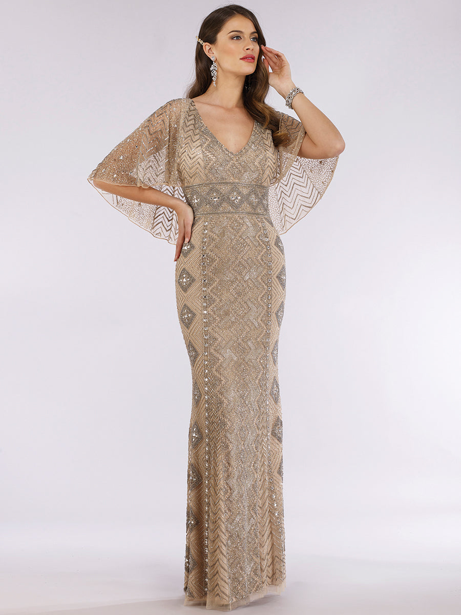 Lara 29397 - Robe longue ornée de perles, encolure en V et manches cape - OUTLET