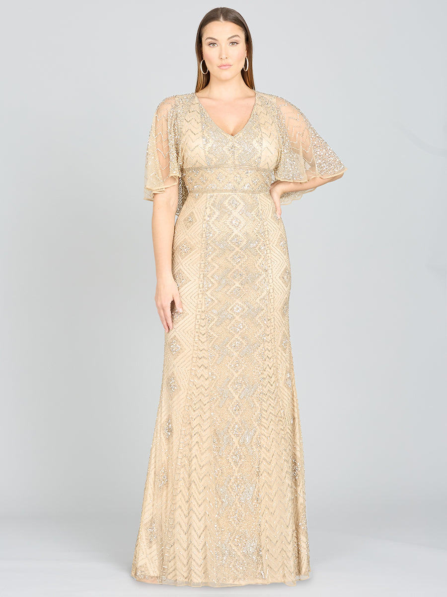 Lara 29397 - Robe longue ornée de perles, encolure en V et manches cape - OUTLET