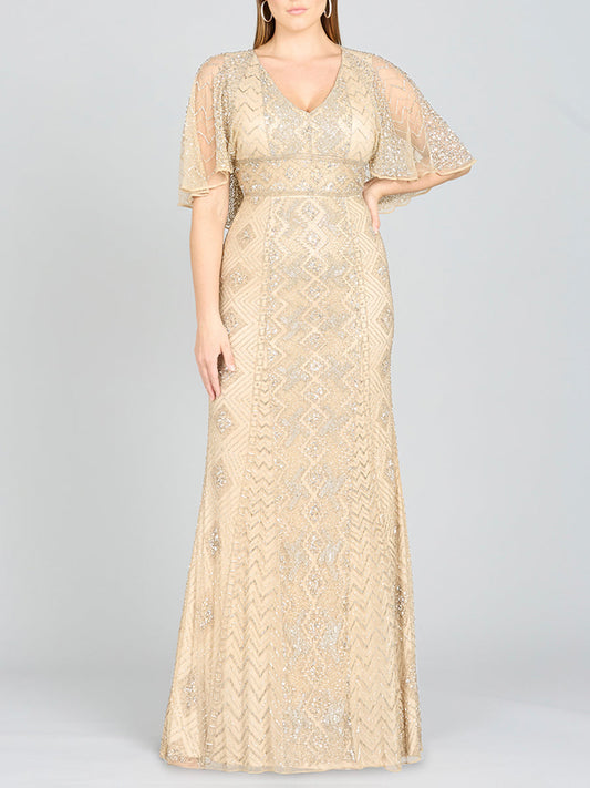 Lara 29397 - Robe longue ornée de perles, encolure en V et manches cape - OUTLET