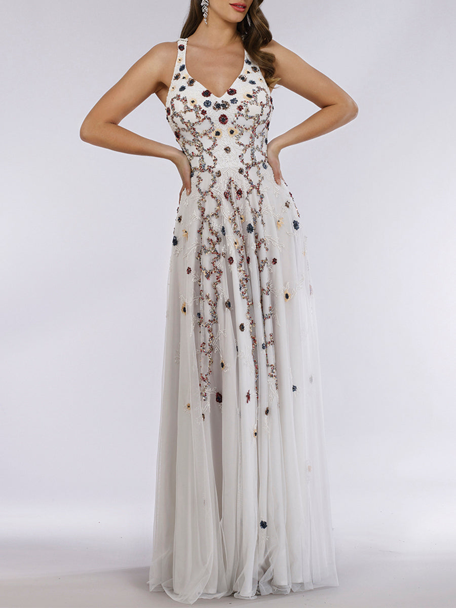 Lara 29544 - Robe perlée avec dos ouvert entrecroisé et jupe fluide