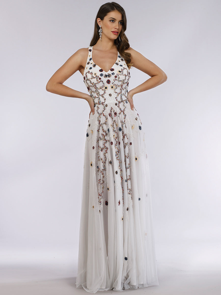Lara 29544 - Robe perlée avec dos ouvert entrecroisé et jupe fluide