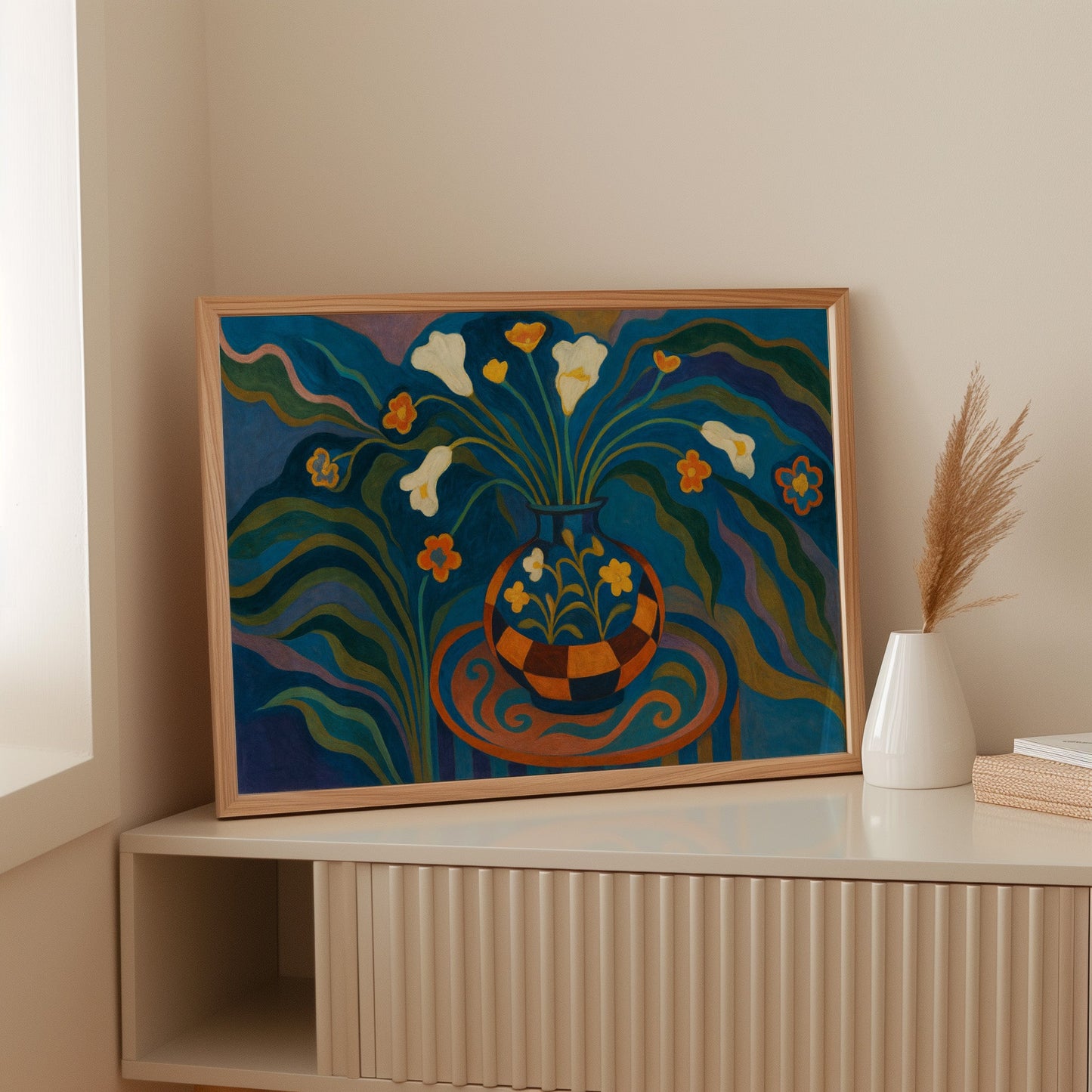 Moonlit Blooms in a Checkered Vase