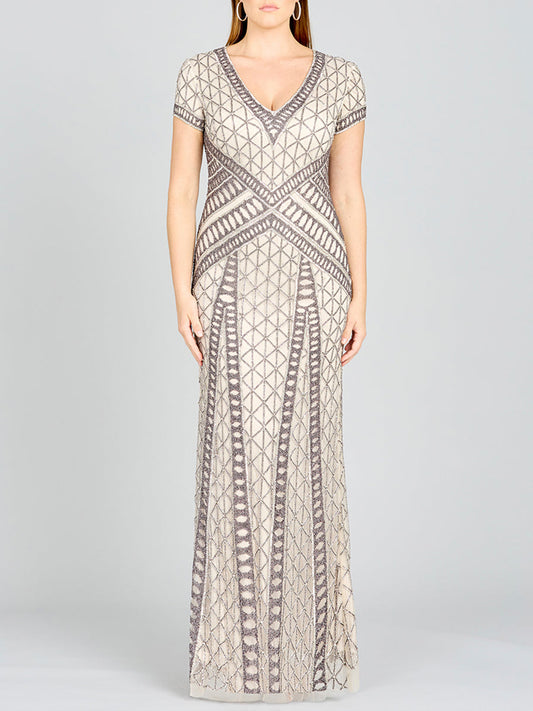 Lara 29746 - Perlenbesetztes Kleid mit V-Ausschnitt und kurzen Ärmeln
