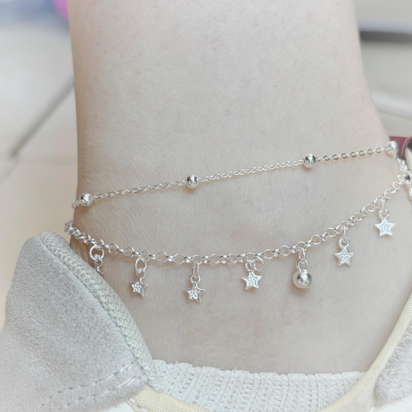 1pc 999 Sterling Silver Double-Layer Star & Bead Anklet, Delicate Luxurious Style, Perfect For Daily Wear & Valentine's Gifts