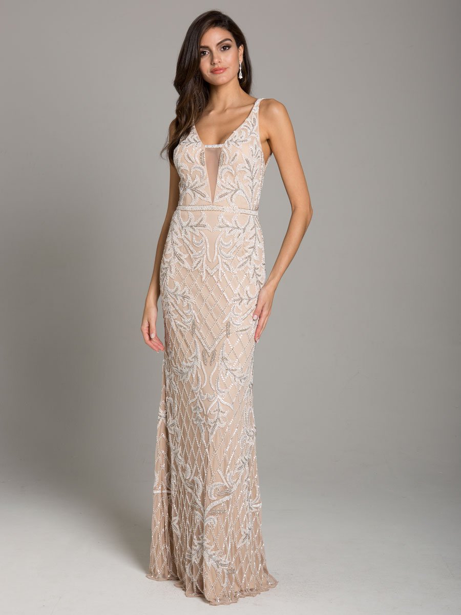 Robe Longue Lara Beverly avec Perles, Dos Échancré et Col en V sans Manches
