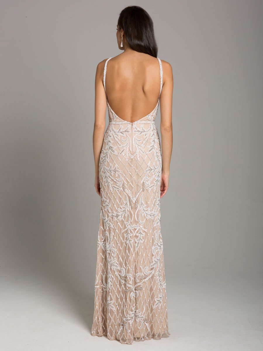 Robe Longue Lara Beverly avec Perles, Dos Échancré et Col en V sans Manches