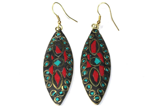 Gold Tone Mosaic Marquise Earrings Turquoise Red Inlay