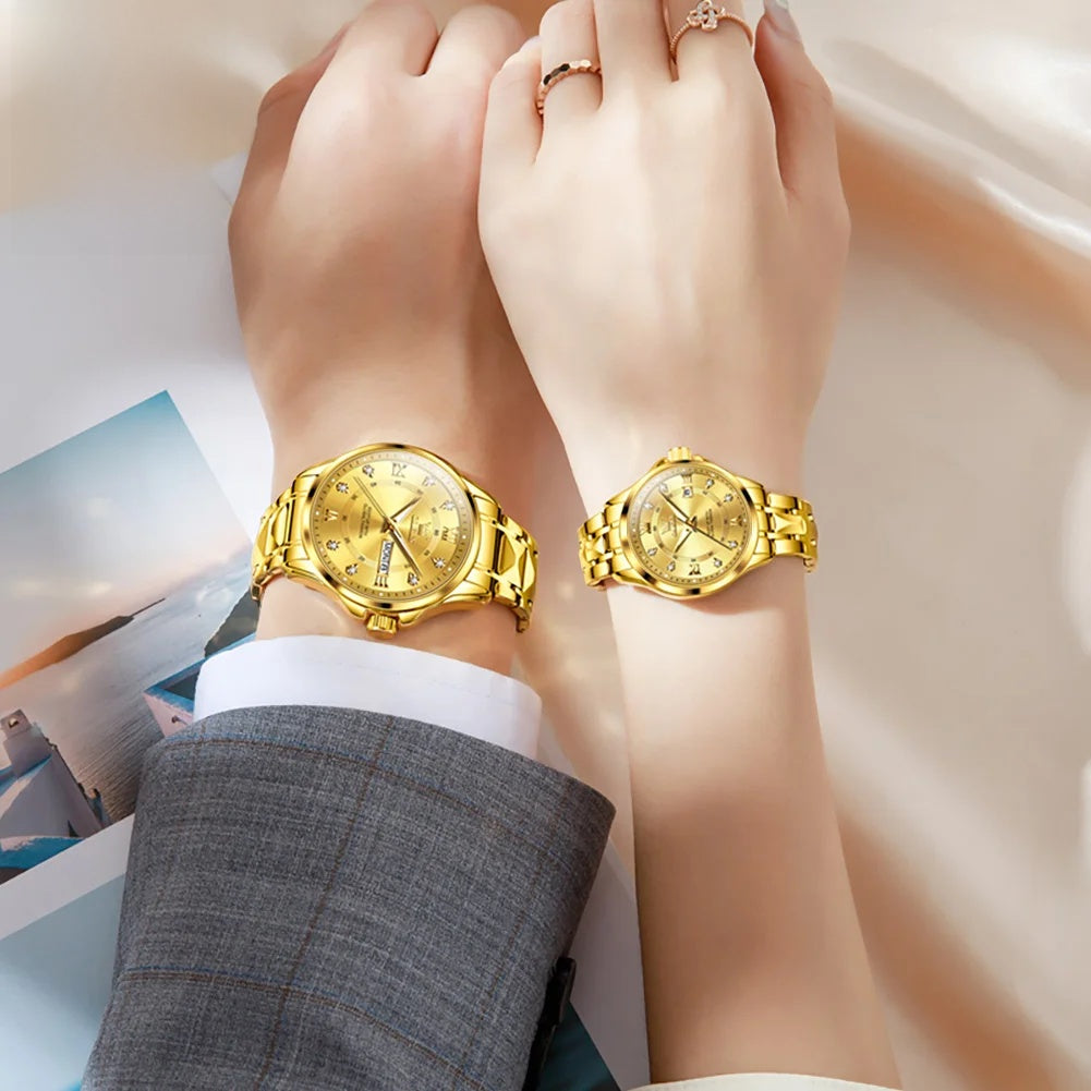 Montre femme étanche en acier inoxydable doré, fine et lumineuse