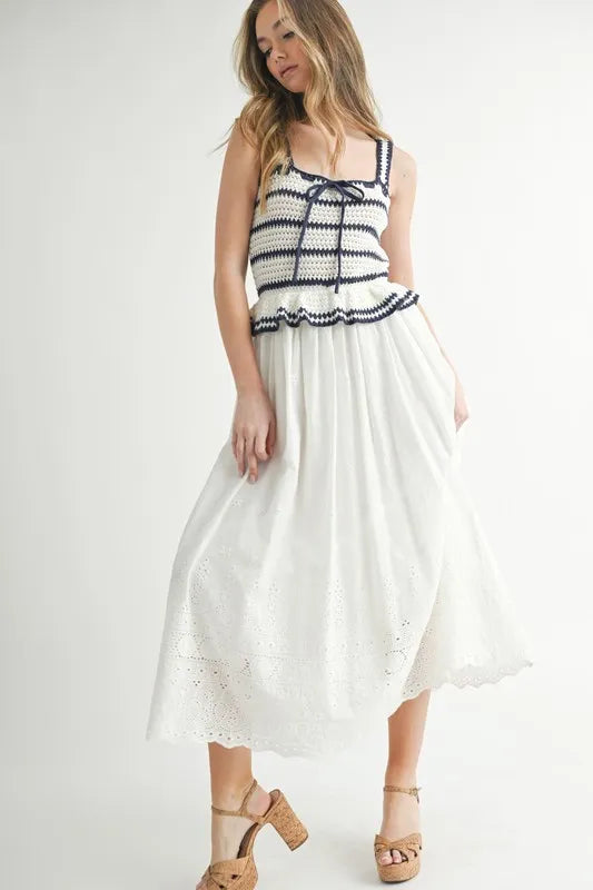 Crochet Stripe Knit Eyelet Mix Midi Dress – Crochet Midi Dress, Stripe Knit Dress, Eyelet Mix Dress, Trendy Midi Dress, Versatile Midi Dress