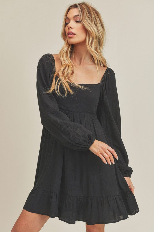Ruffled Comfortable Hem Square Neck Balloon Sleeve Mini Dress For Women – Trendy, Romantic and Playful Style for Any Occasion