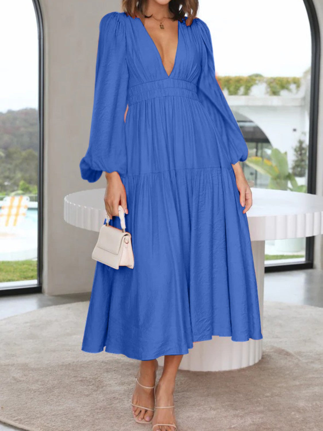 Lightweight Deep V-Neck Balloon Sleeve Maxi Dress Elegant & Flowing Silhouette Unique Dress
