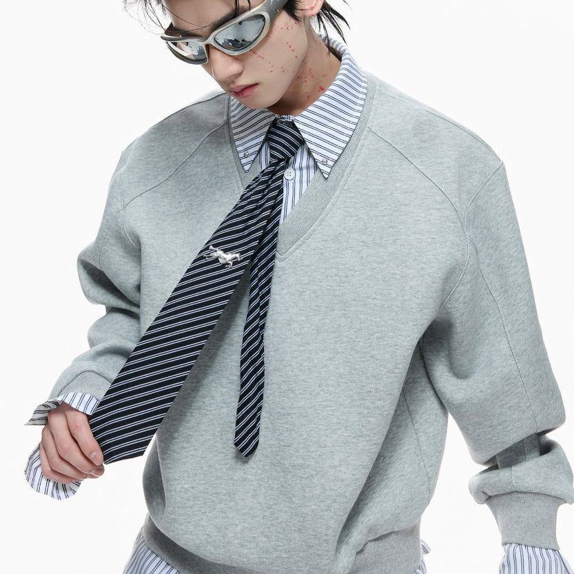 Striped Mock-two-piece Lapel Hoodie Cropped And Relaxed-fit