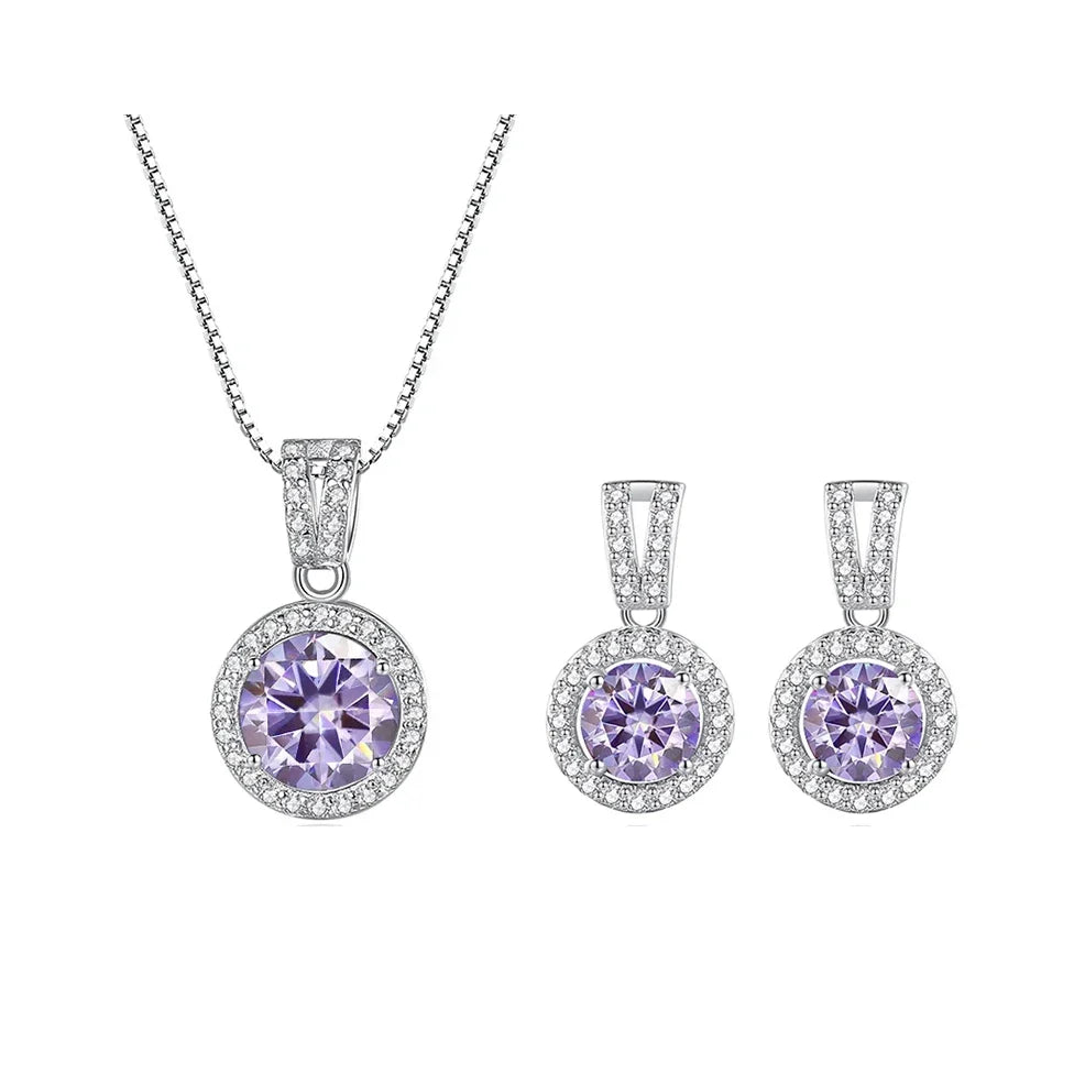 Colored Halo Moissanite Necklace & Drop Earrings Set in Silver