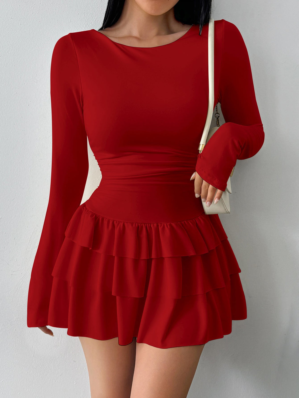 Round-neck Sheath Dress With Pleats And Long Sleeves
