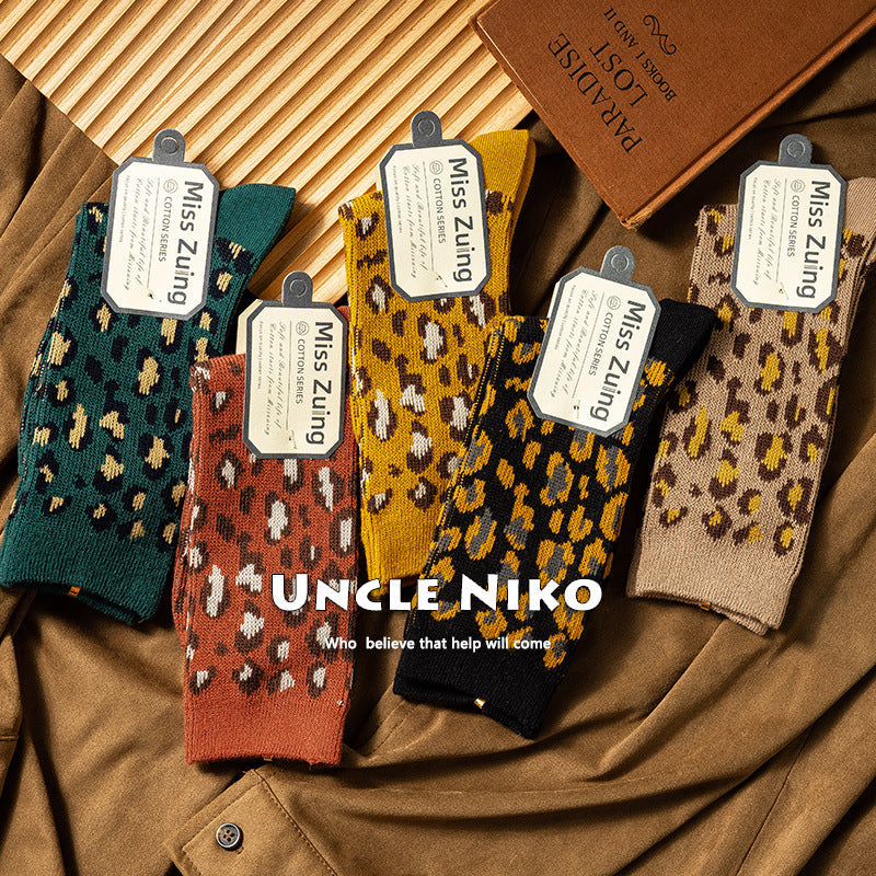 Ins Combed Cotton Mid-calf Socks Double-needle Korean-style Leopard Print