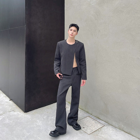 Bootcut Casual Autumn Striped O-neck Short Suit