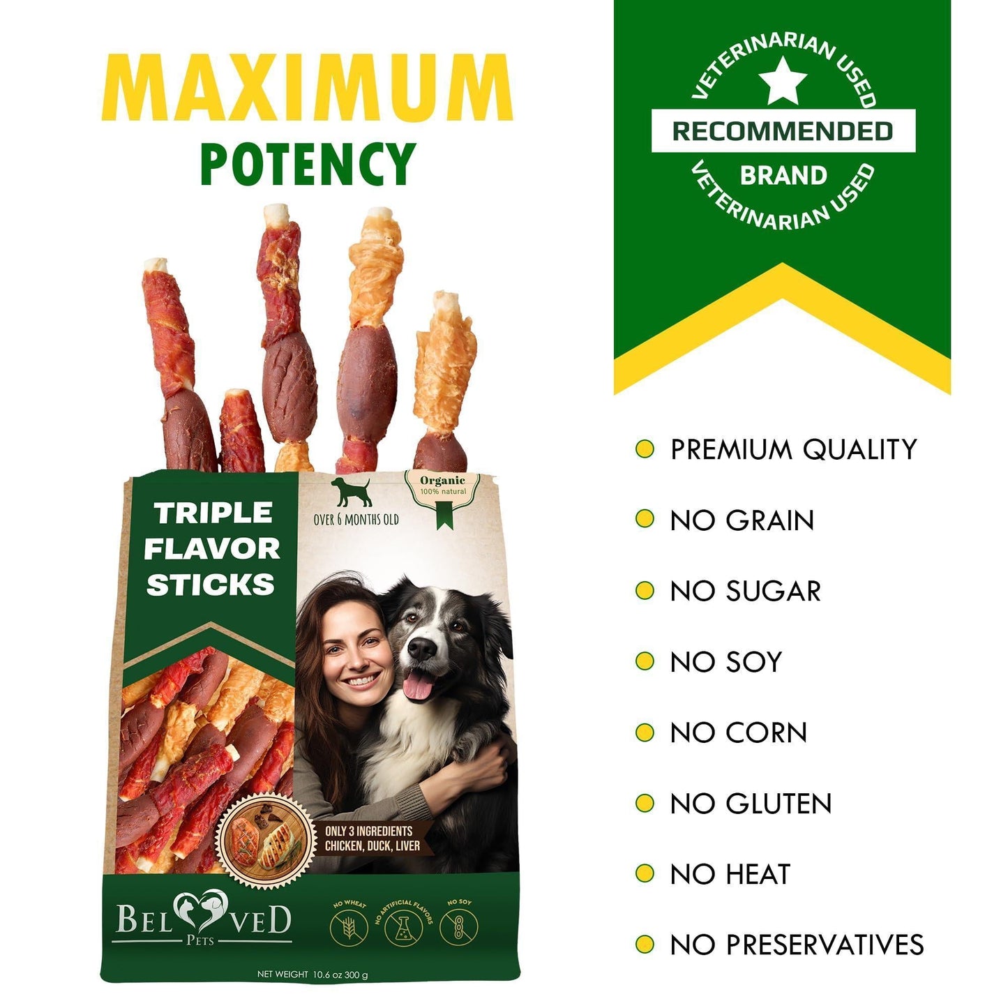 Triple Flavor Dog Rawhide Treats Duck & Chicken Human Grade Meat Natural & Organic Pet Dried Snacks Grain Free Long Lasting Chews for Large & Small Dogs Best Sticks for Healthy Teeth